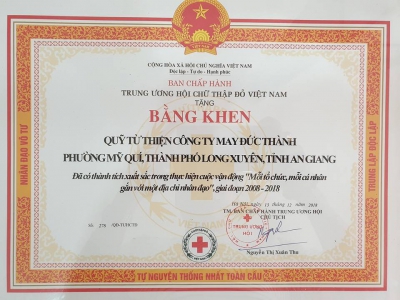 Quỹ Từ Thiện Đức Thành nhận Bằng Khen của Trung Ương Hội Chữ Thập Đỏ Việt Nam